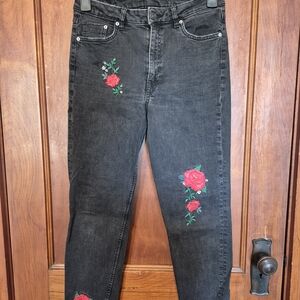 H&M Black Jeans with Red Floral Embroidery
